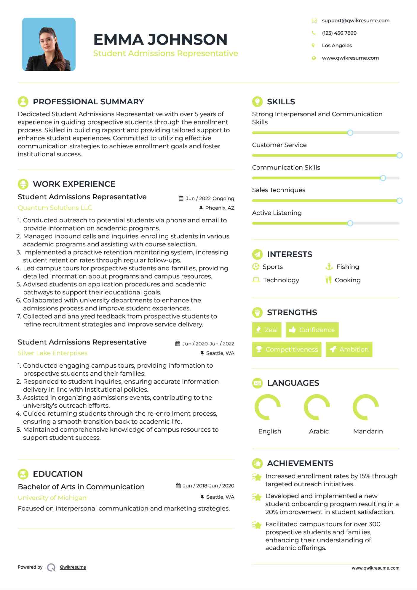 Student Admissions Representative Resume Example