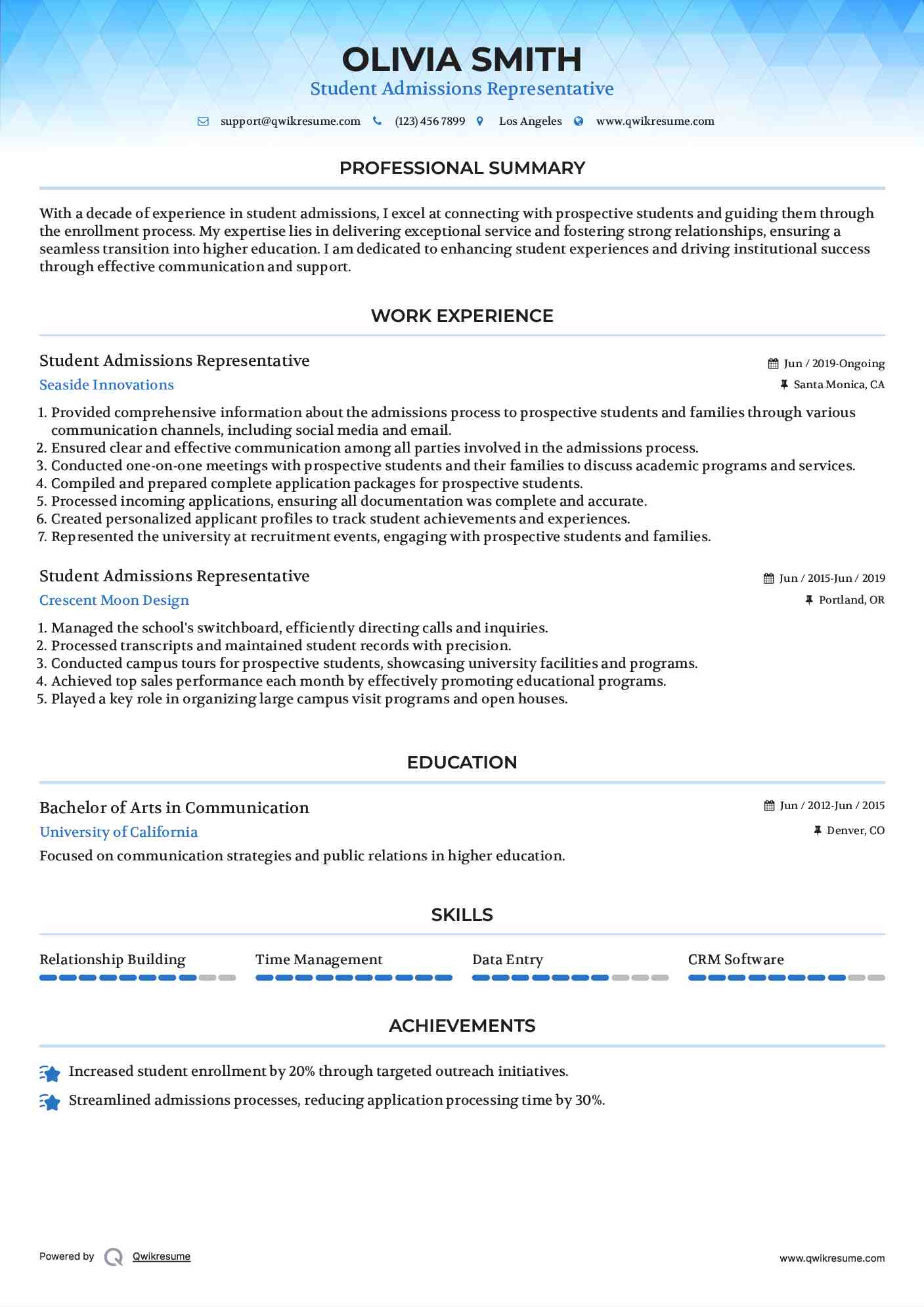 Student Admissions Representative Resume Model