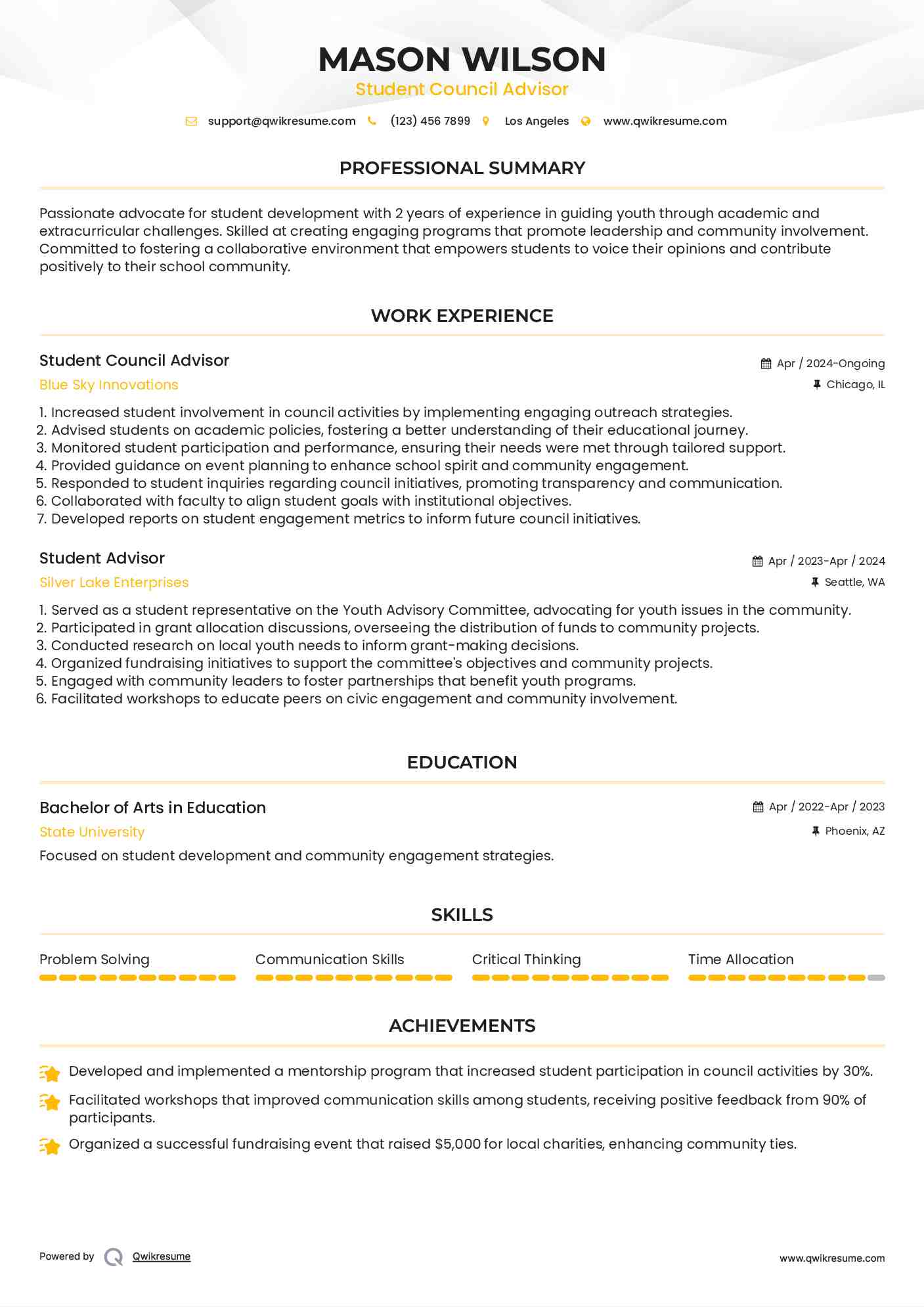 Student Council Advisor Resume Model