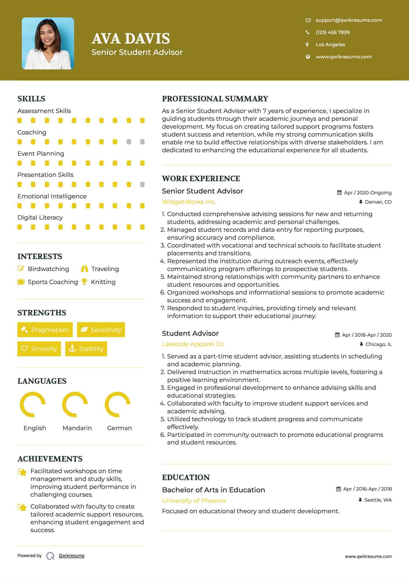 Senior Student Advisor Resume Sample