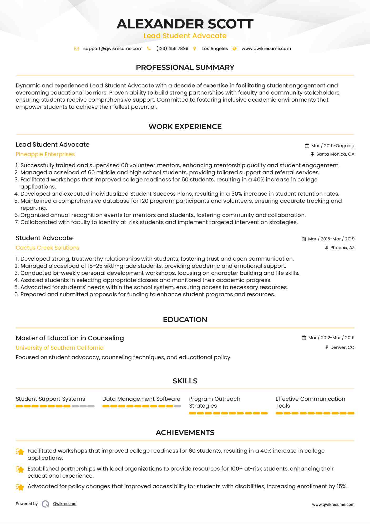 Lead Student Advocate Resume Example