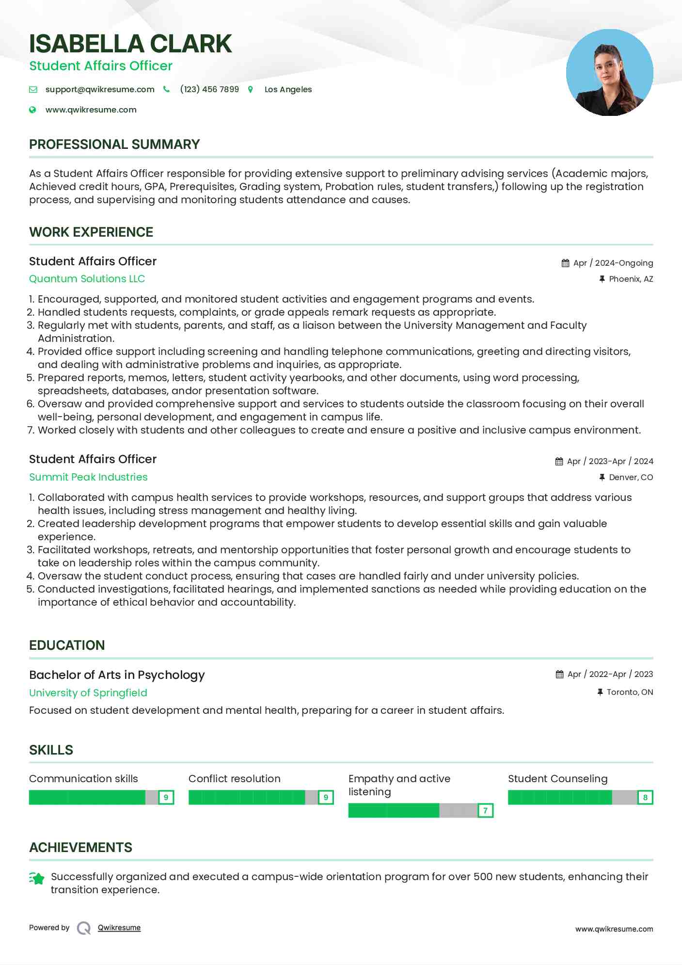 Student Affairs Officer Resume Model