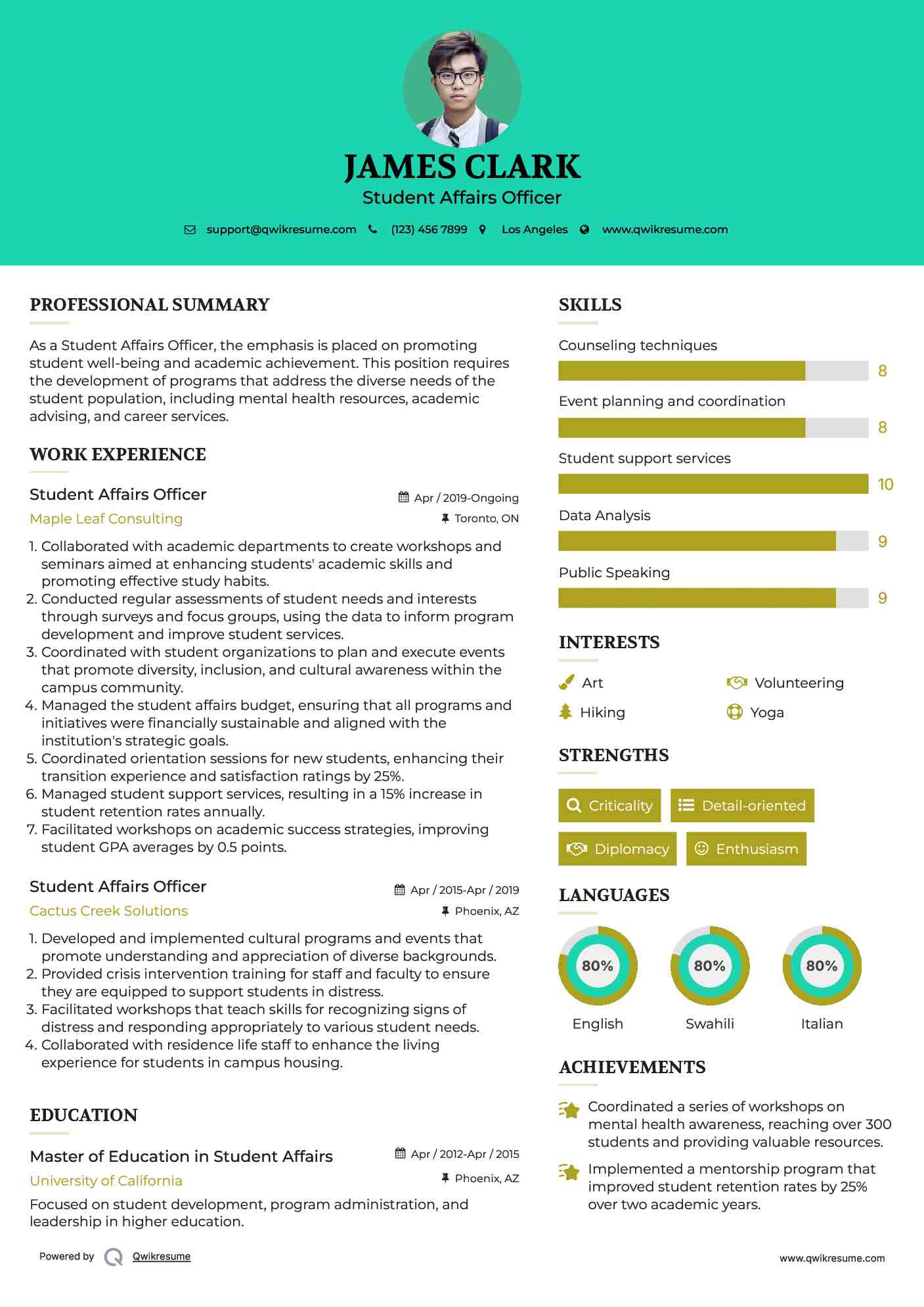 Student Affairs Officer Resume Example