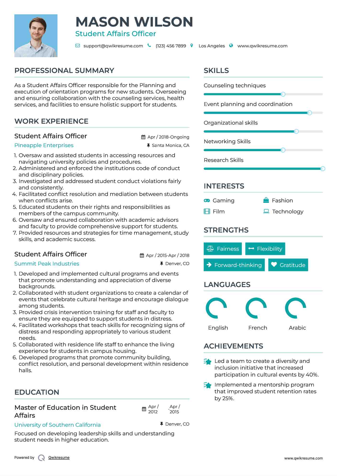 Student Affairs Officer Resume Sample