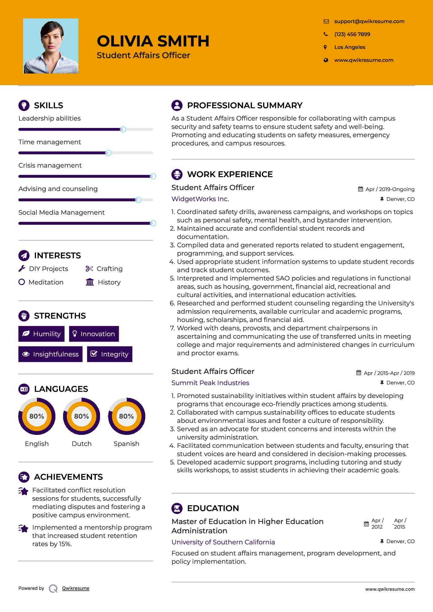 Student Affairs Officer Resume Format