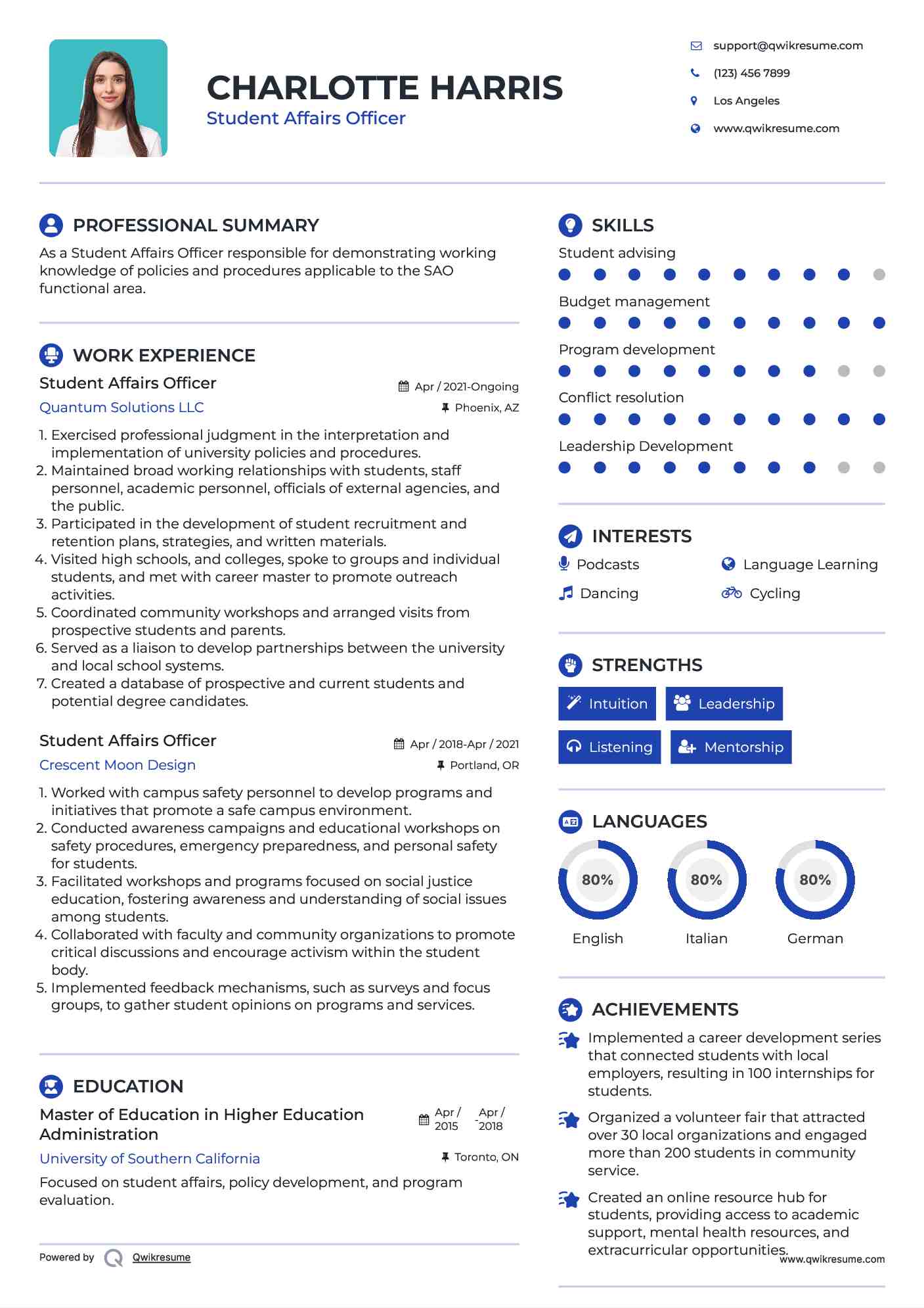 Student Affairs Officer Resume Sample