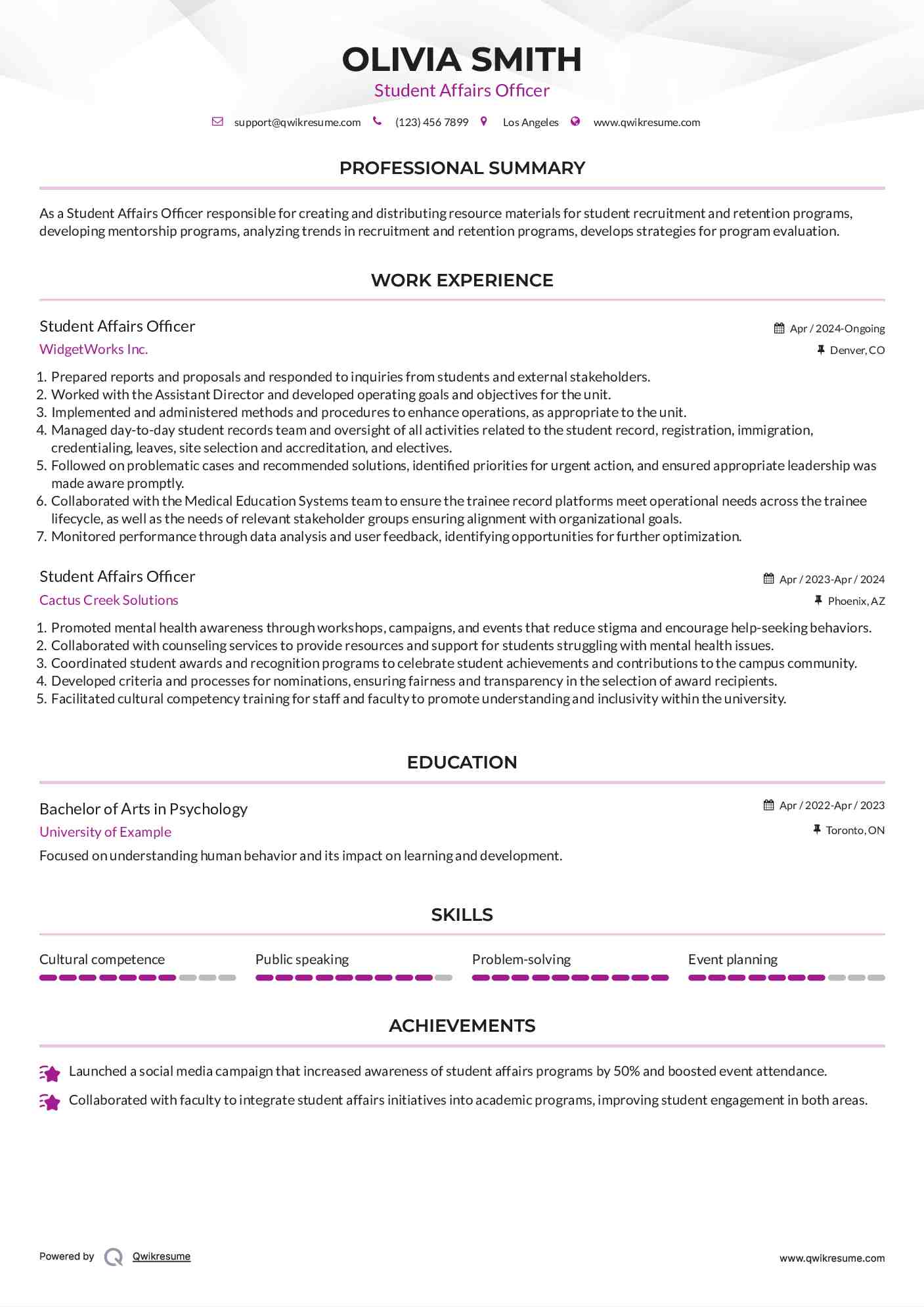 Student Affairs Officer Resume Sample