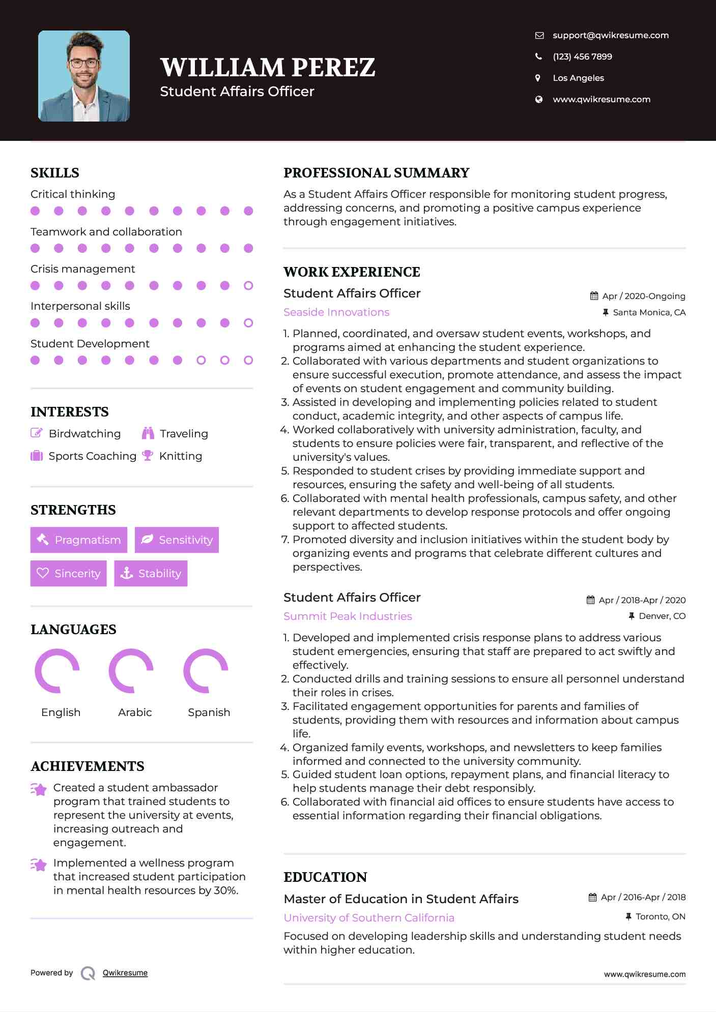 Student Affairs Officer Resume Example