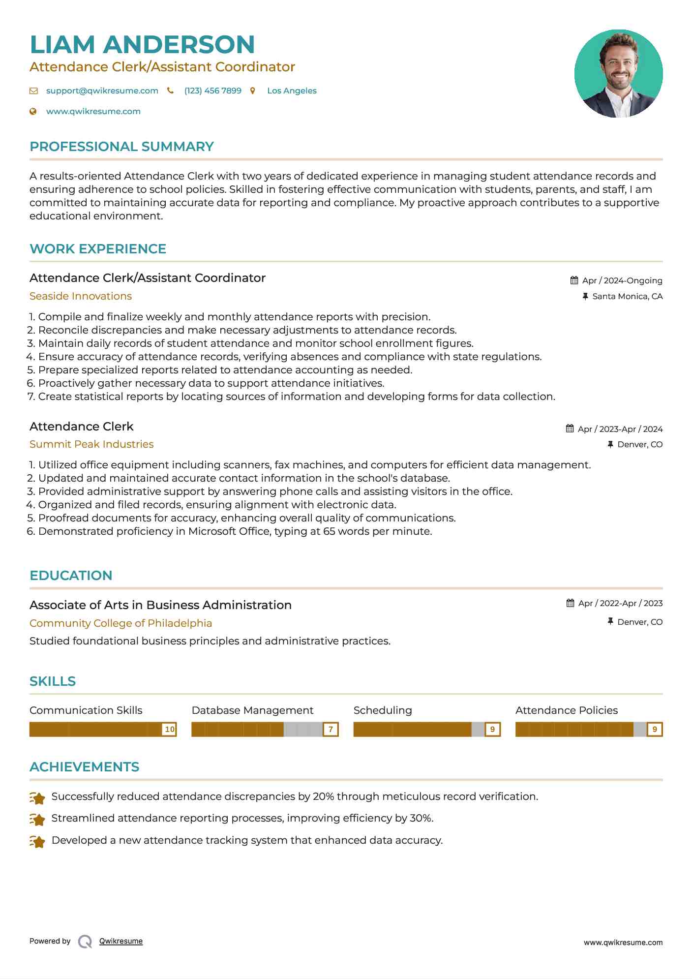 Attendance Clerk/Assistant Coordinator Resume Template