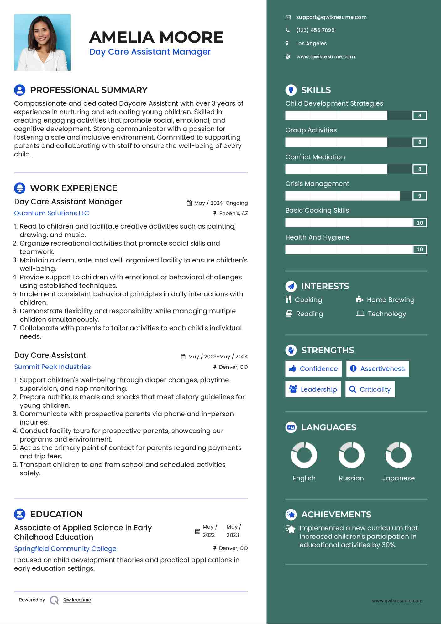 Day Care Assistant Manager Resume Template