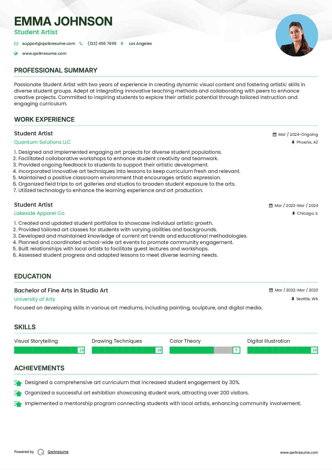 Student Artist Resume Sample