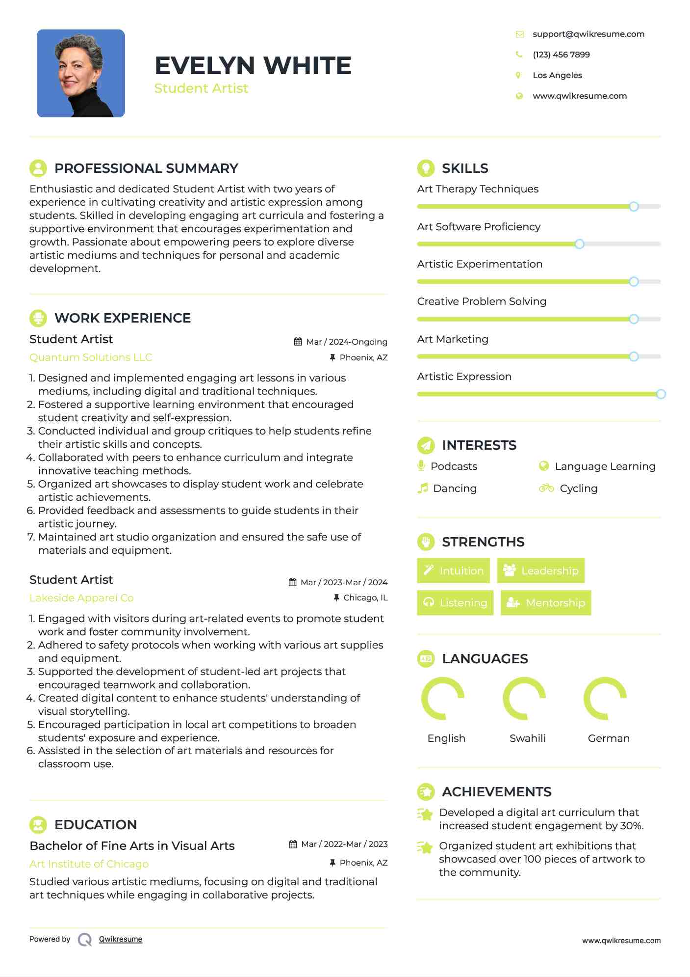 Student Artist Resume Model