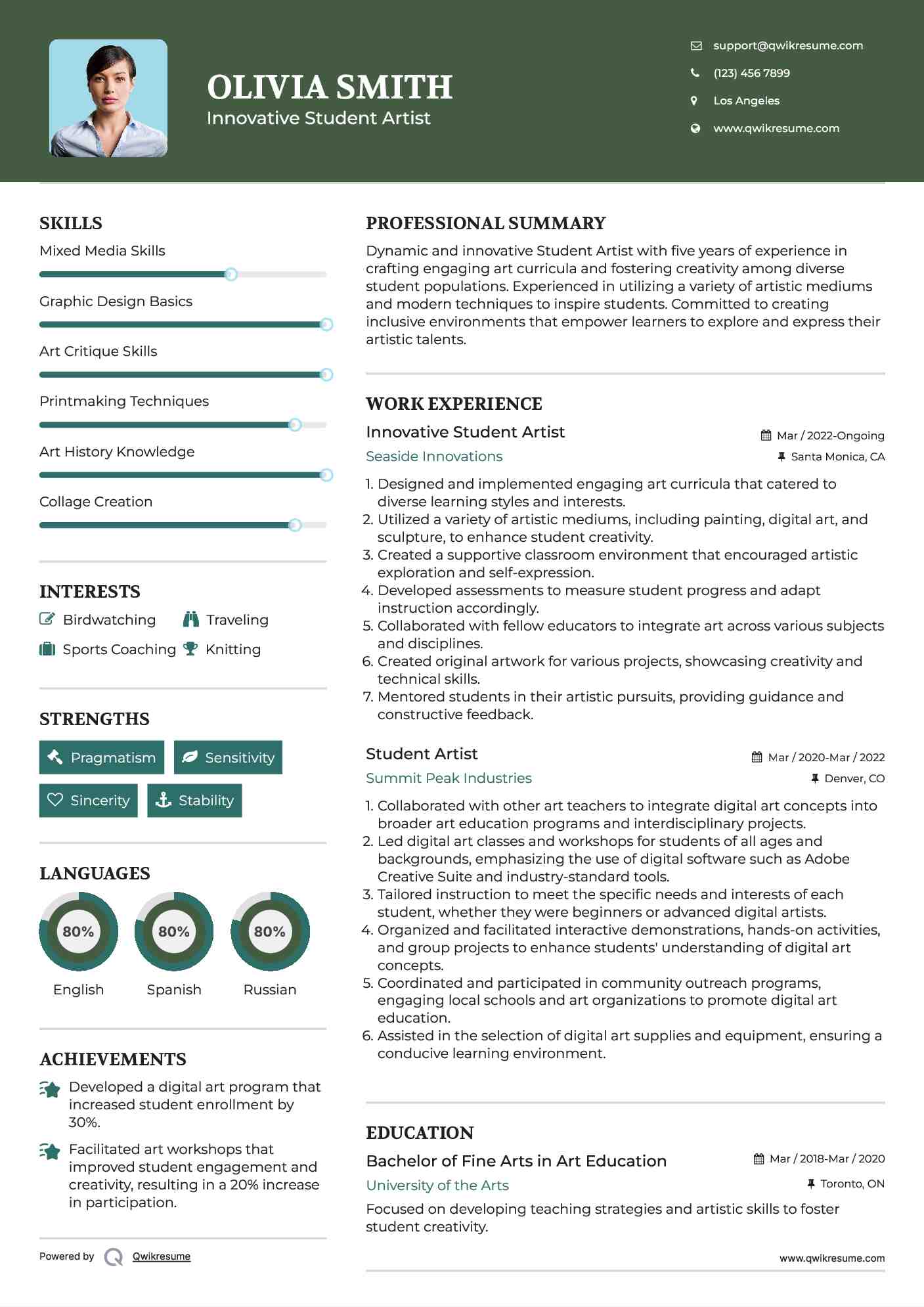 Innovative Student Artist Resume Sample