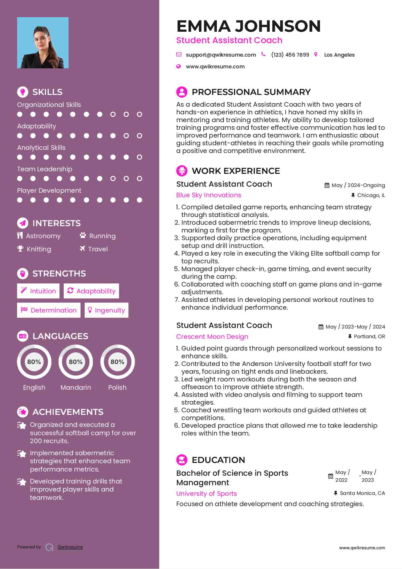 Student Assistant Coach Resume Model