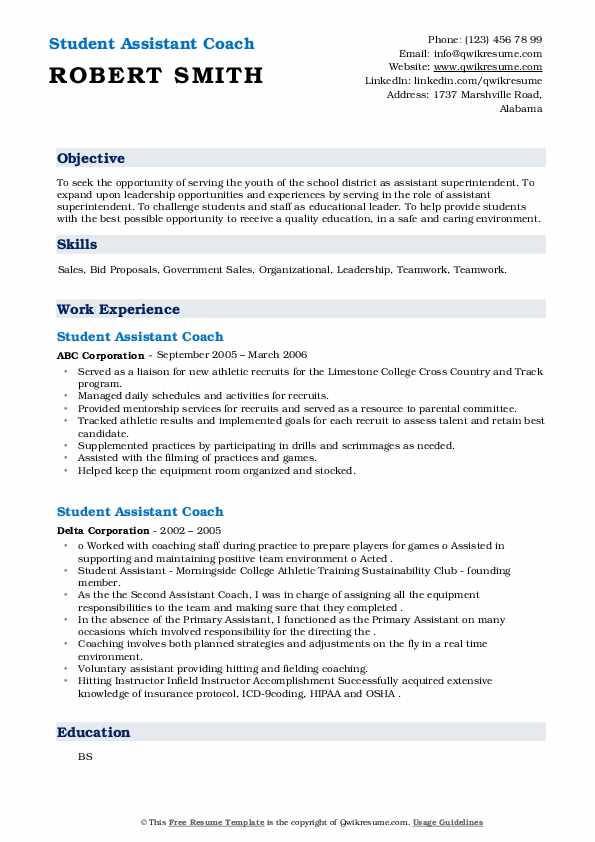 Student Assistant Coach Resume Samples | QwikResume