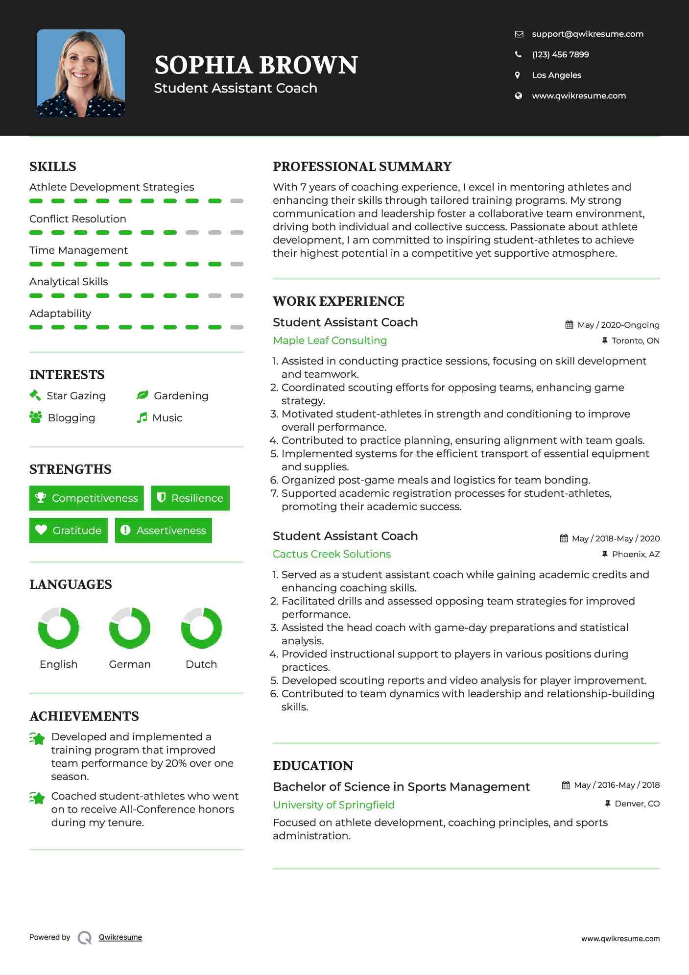 Student Assistant Coach Resume Sample