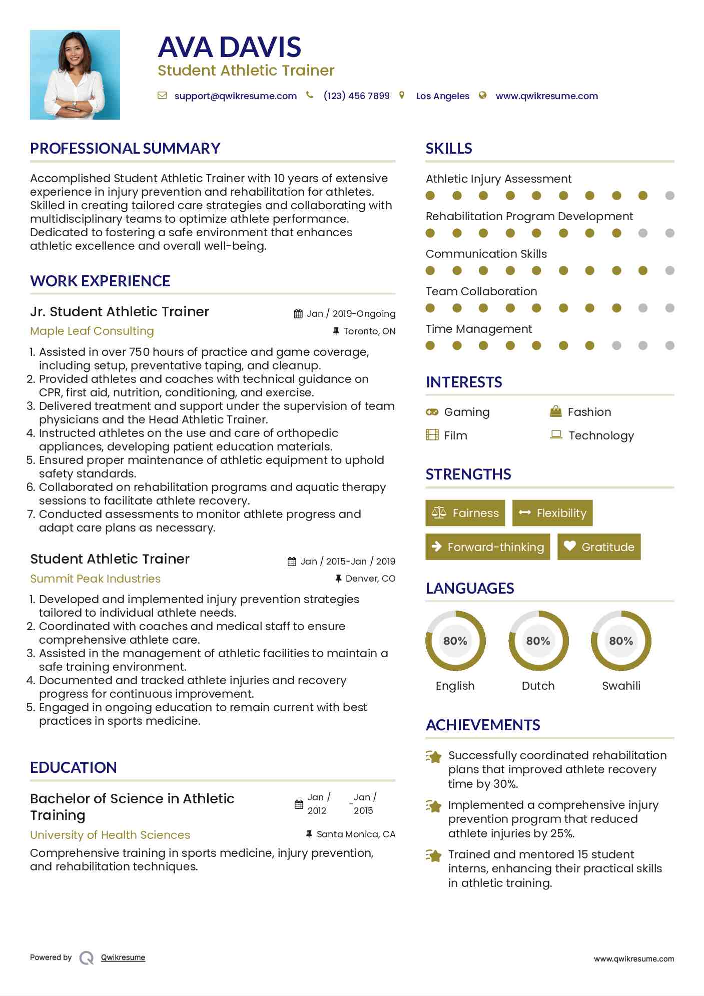 Jr. Student Athletic Trainer Resume Template