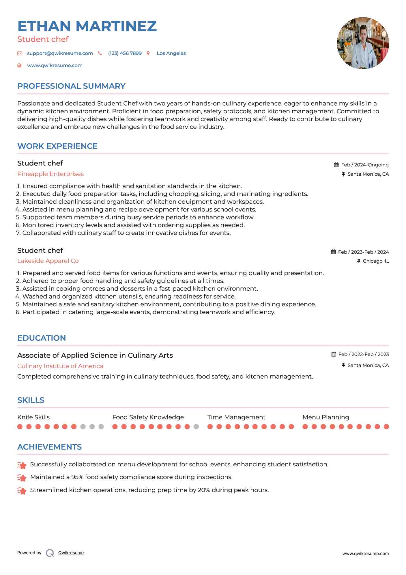 Student chef Resume Sample