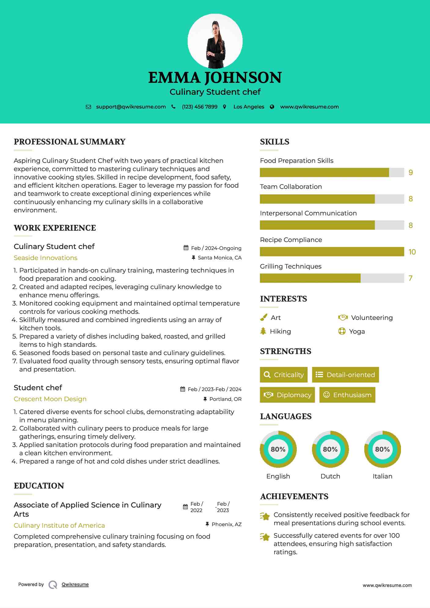 Culinary Student chef Resume Template