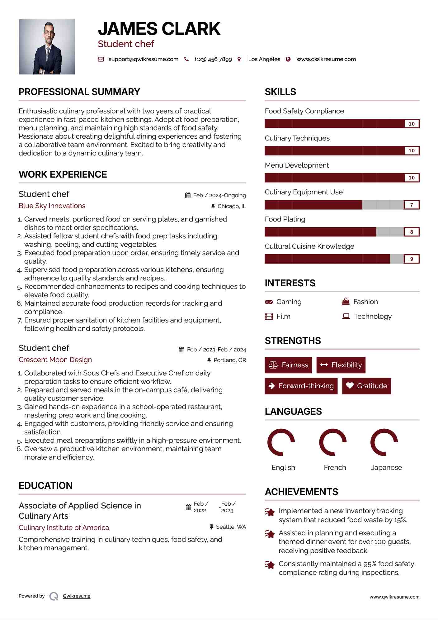 Student chef Resume Template