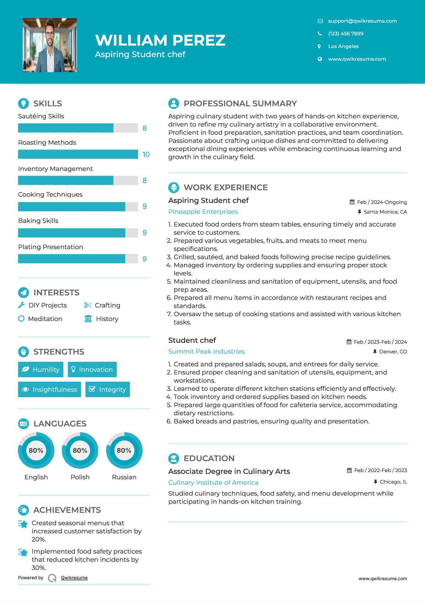 Aspiring Student chef Resume Sample