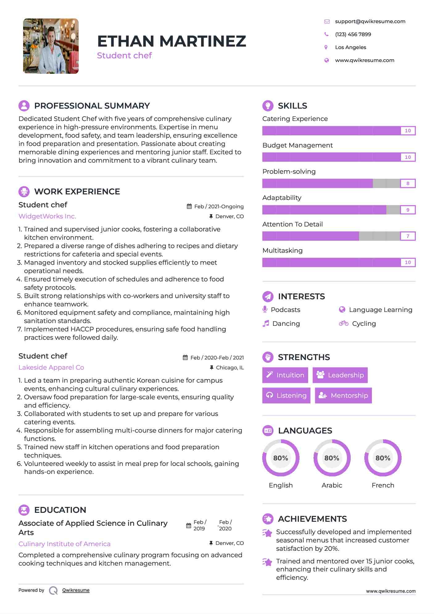 Student chef Resume Example