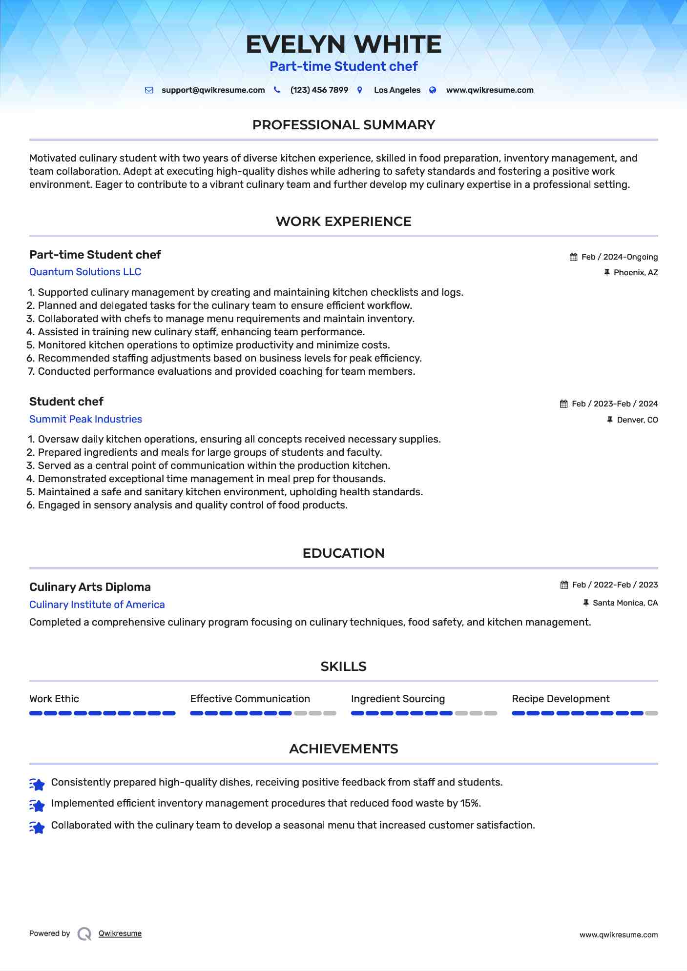 Part-time Student chef Resume Template
