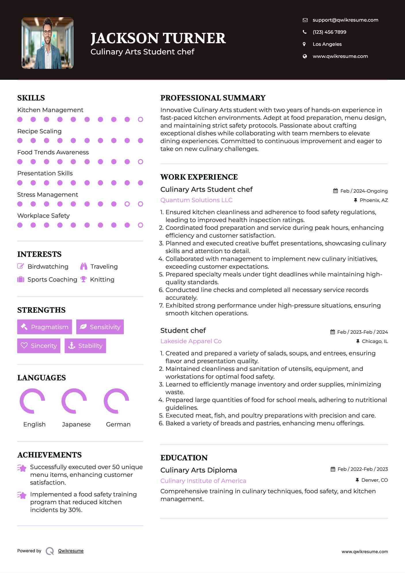 Culinary Arts Student chef Resume Sample