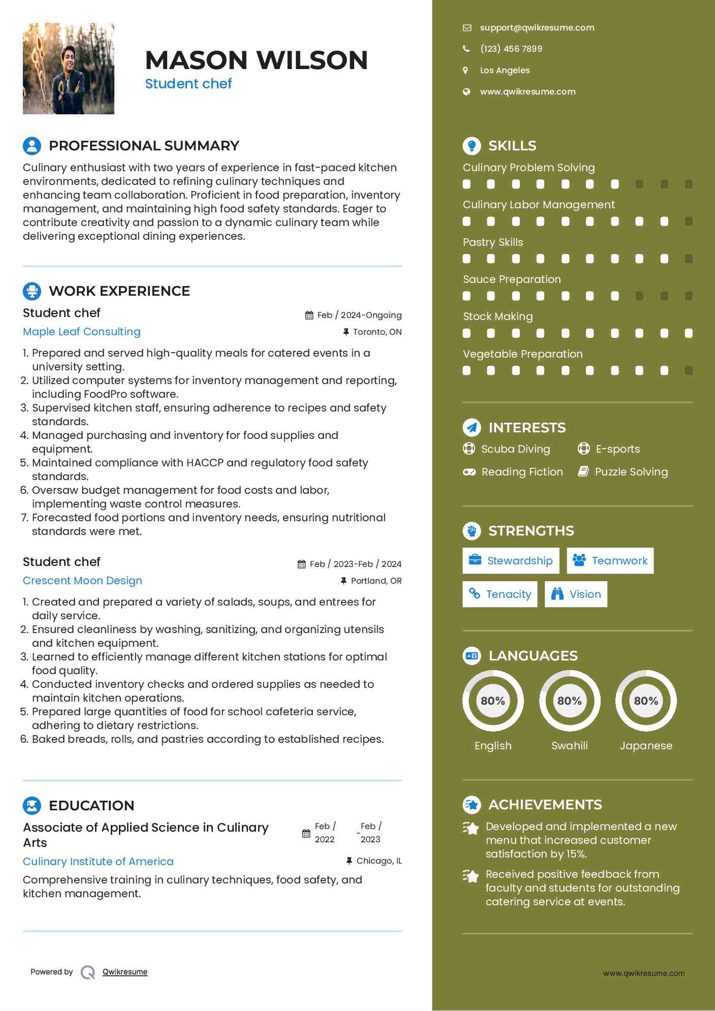 Student chef Resume Model