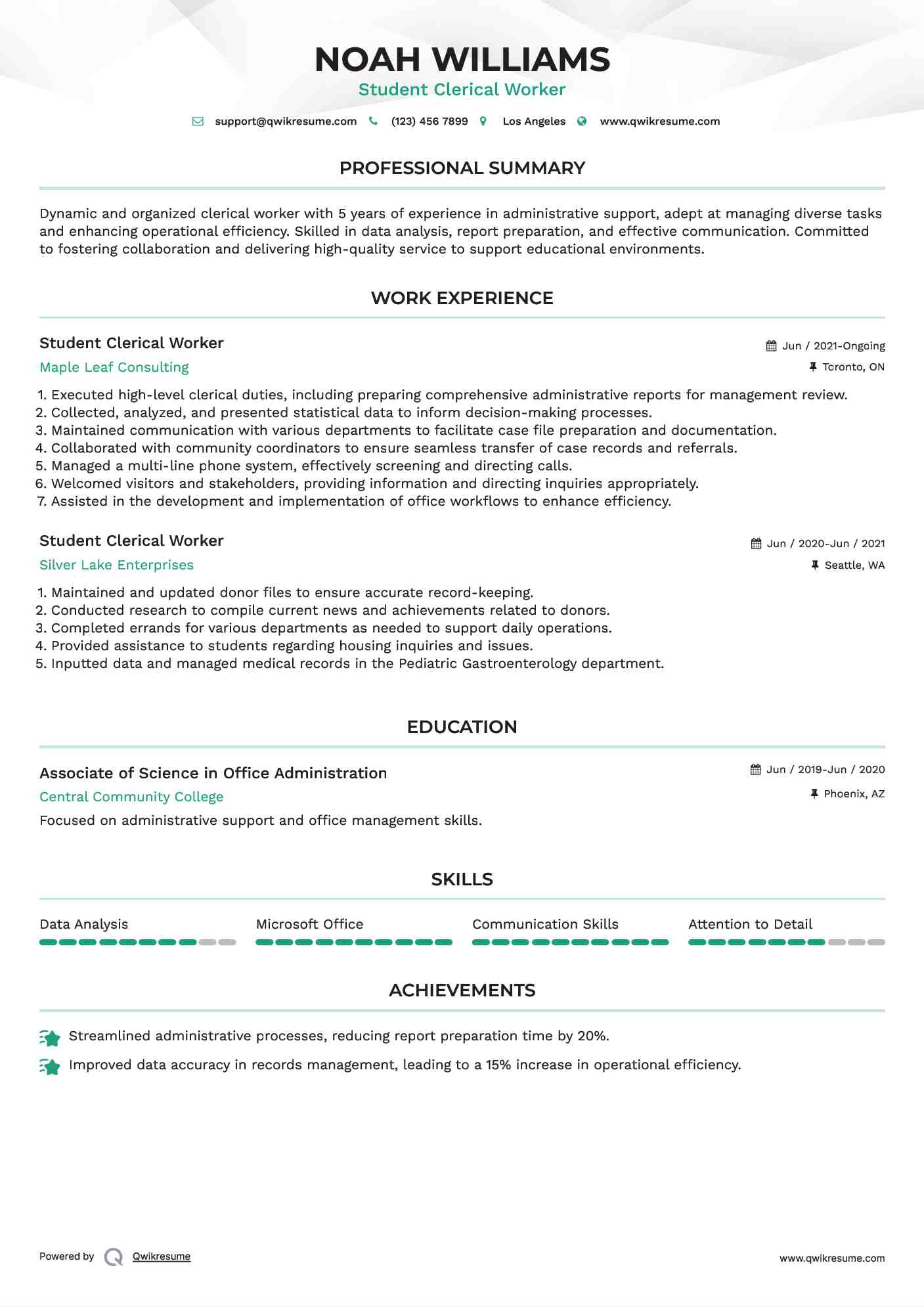 Student Clerical Worker Resume Sample