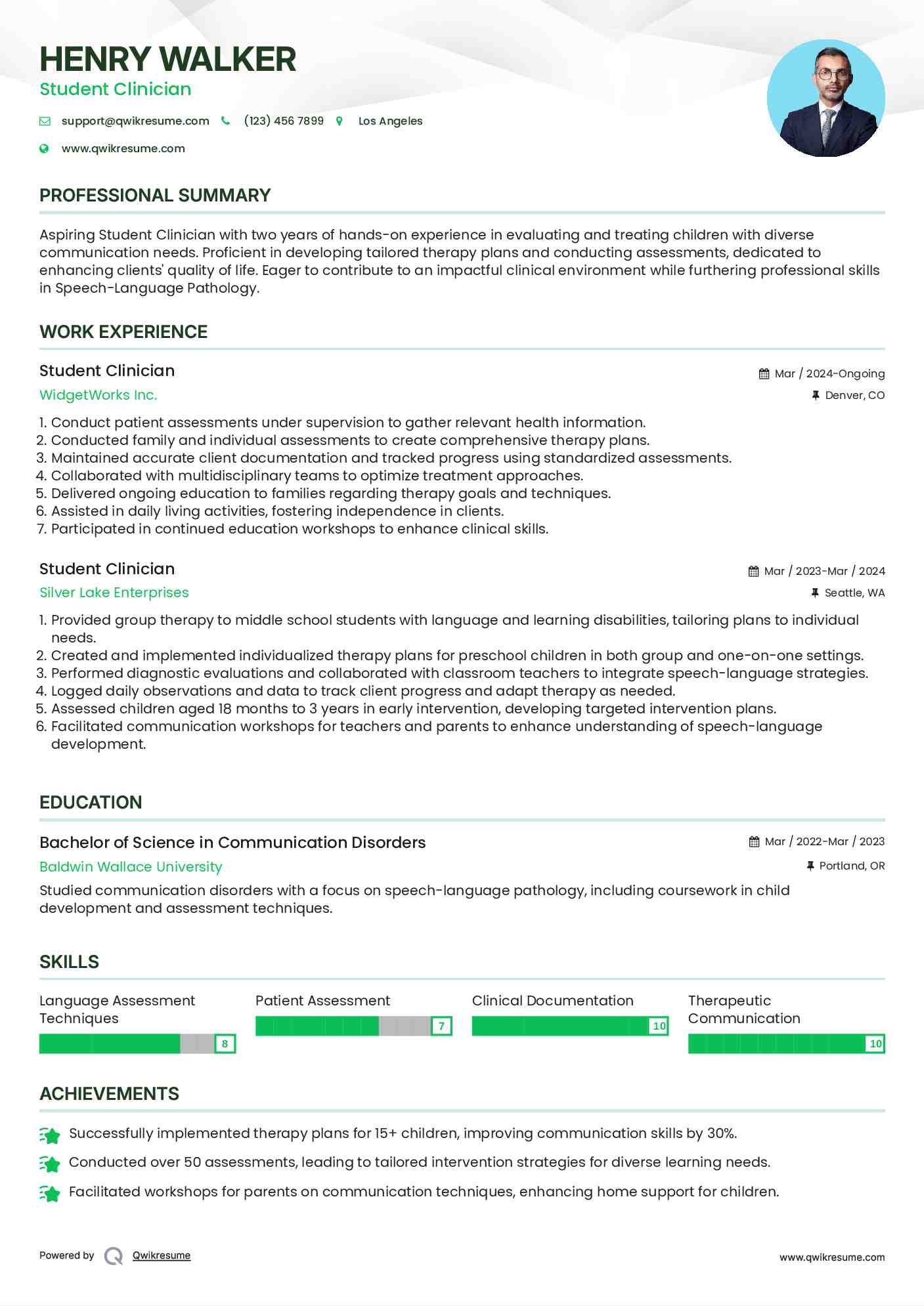 Student Clinician Resume Template