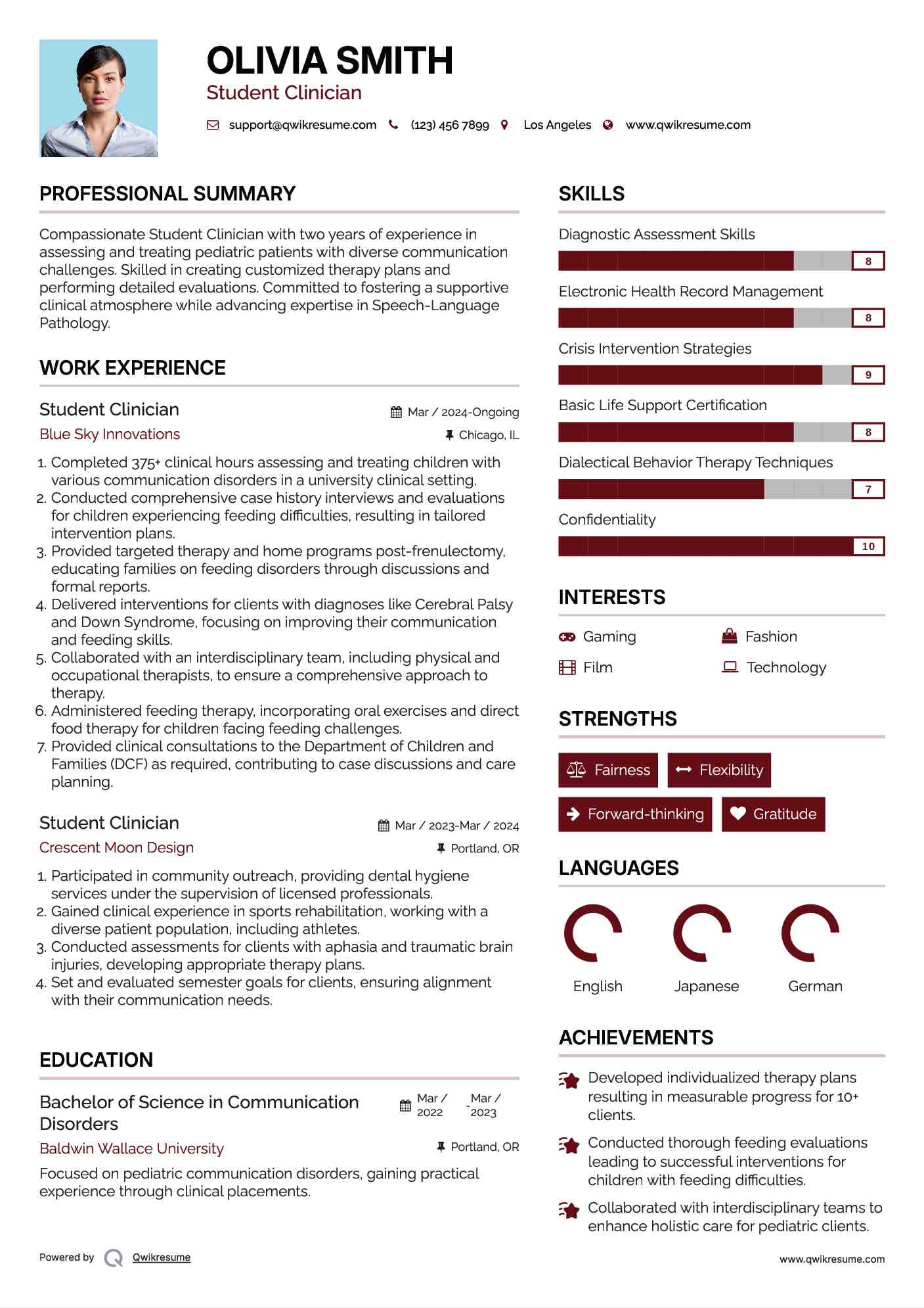 Student Clinician Resume Example