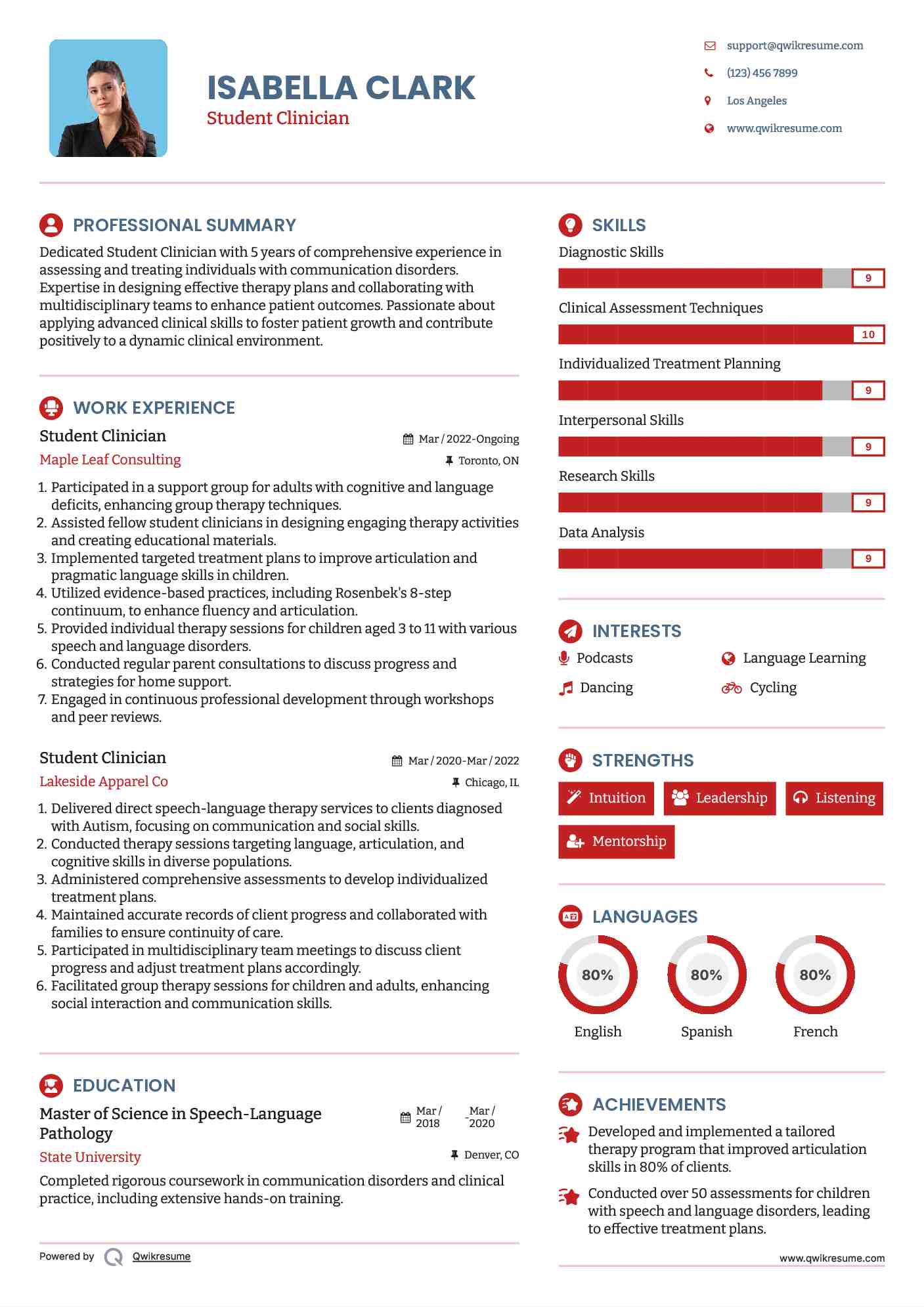 Student Clinician Resume Example
