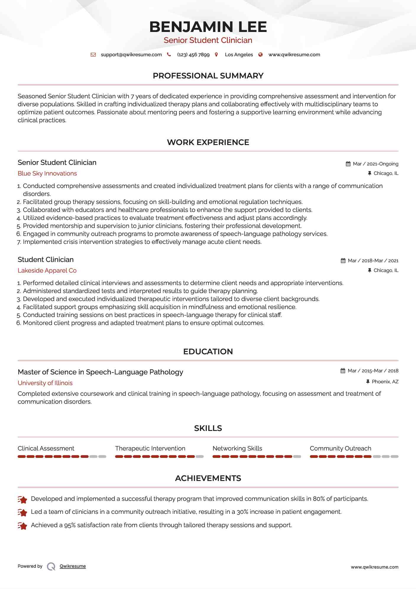 Senior Student Clinician Resume Example