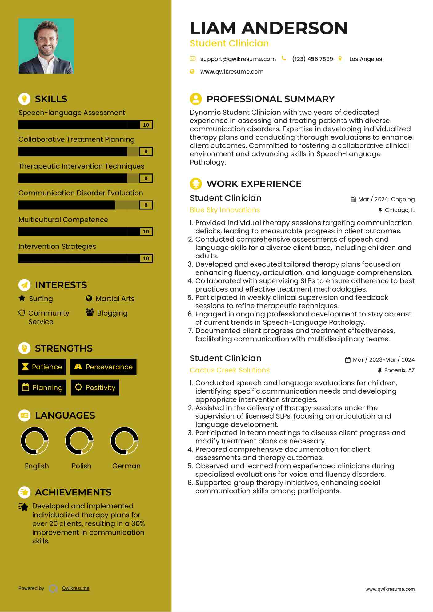 Student Clinician Resume Sample
