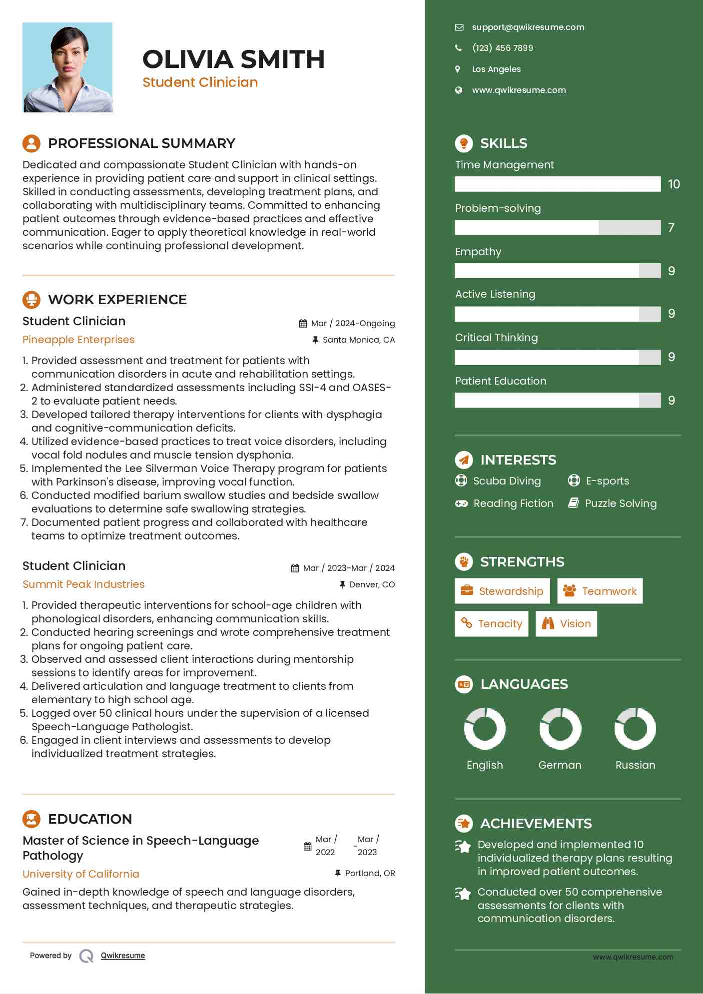 Student Clinician Resume Example