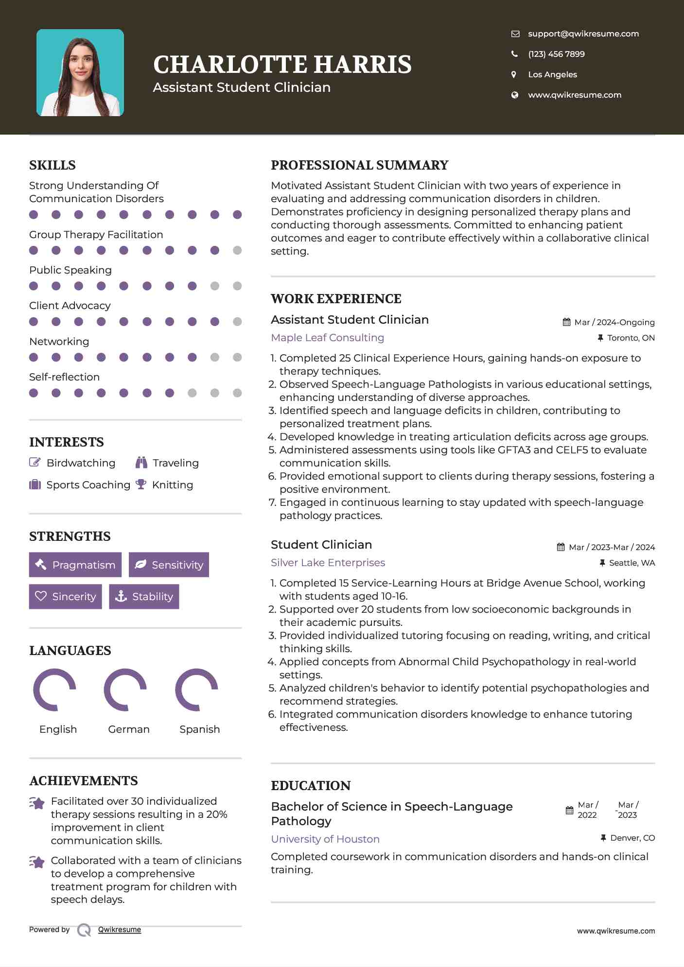 Assistant Student Clinician Resume Example