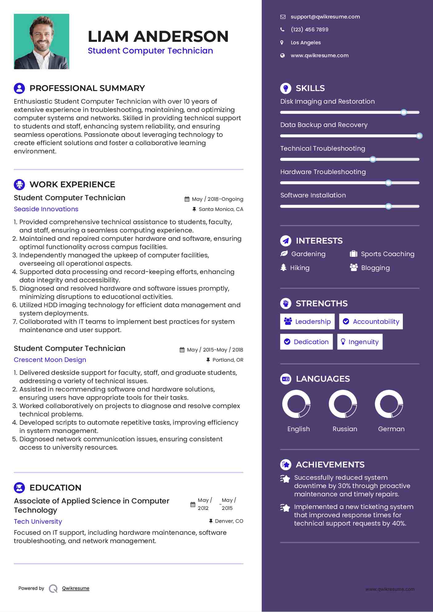 Student Computer Technician Resume Example