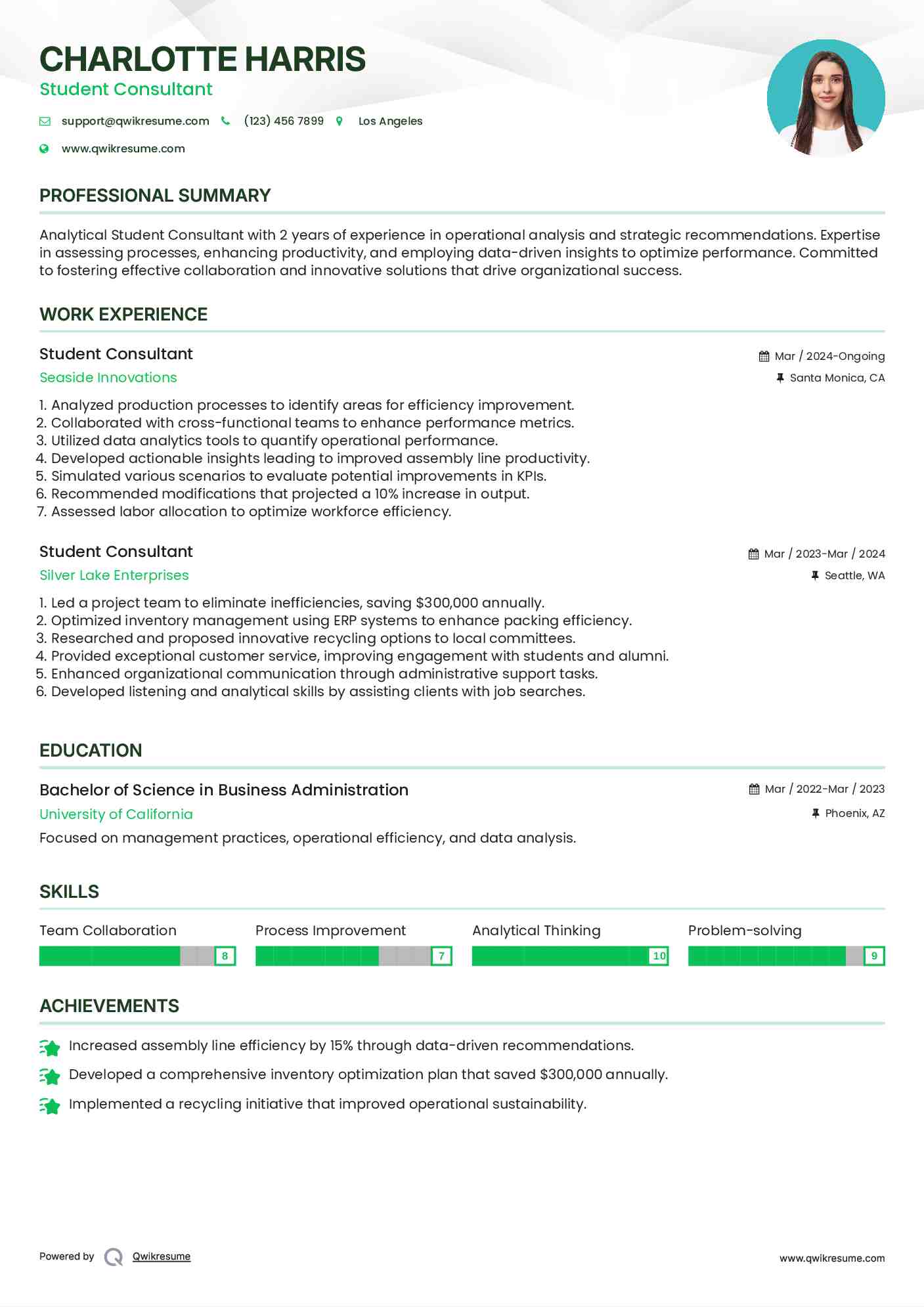 Student Consultant Resume Sample