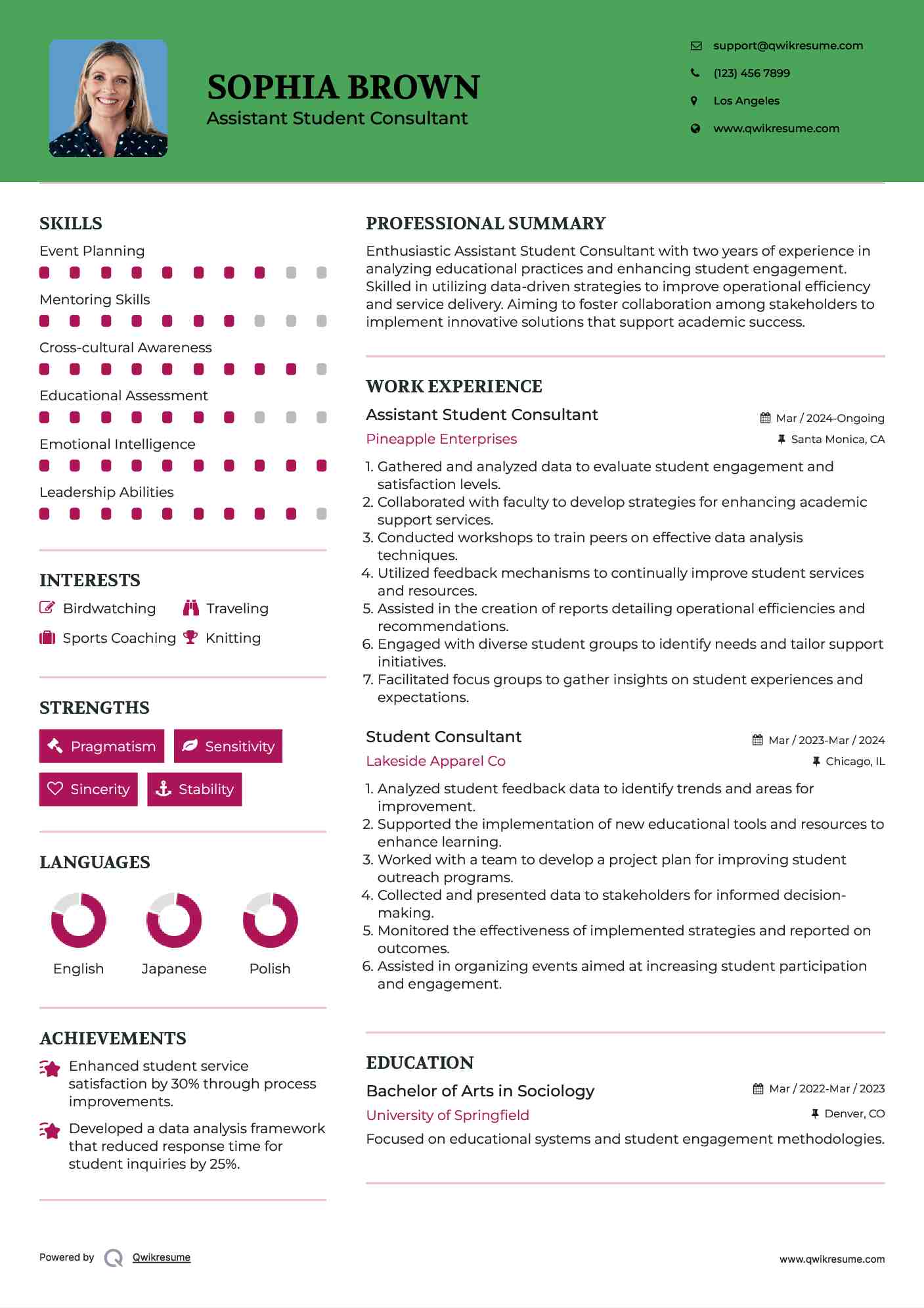 Assistant Student Consultant Resume Example