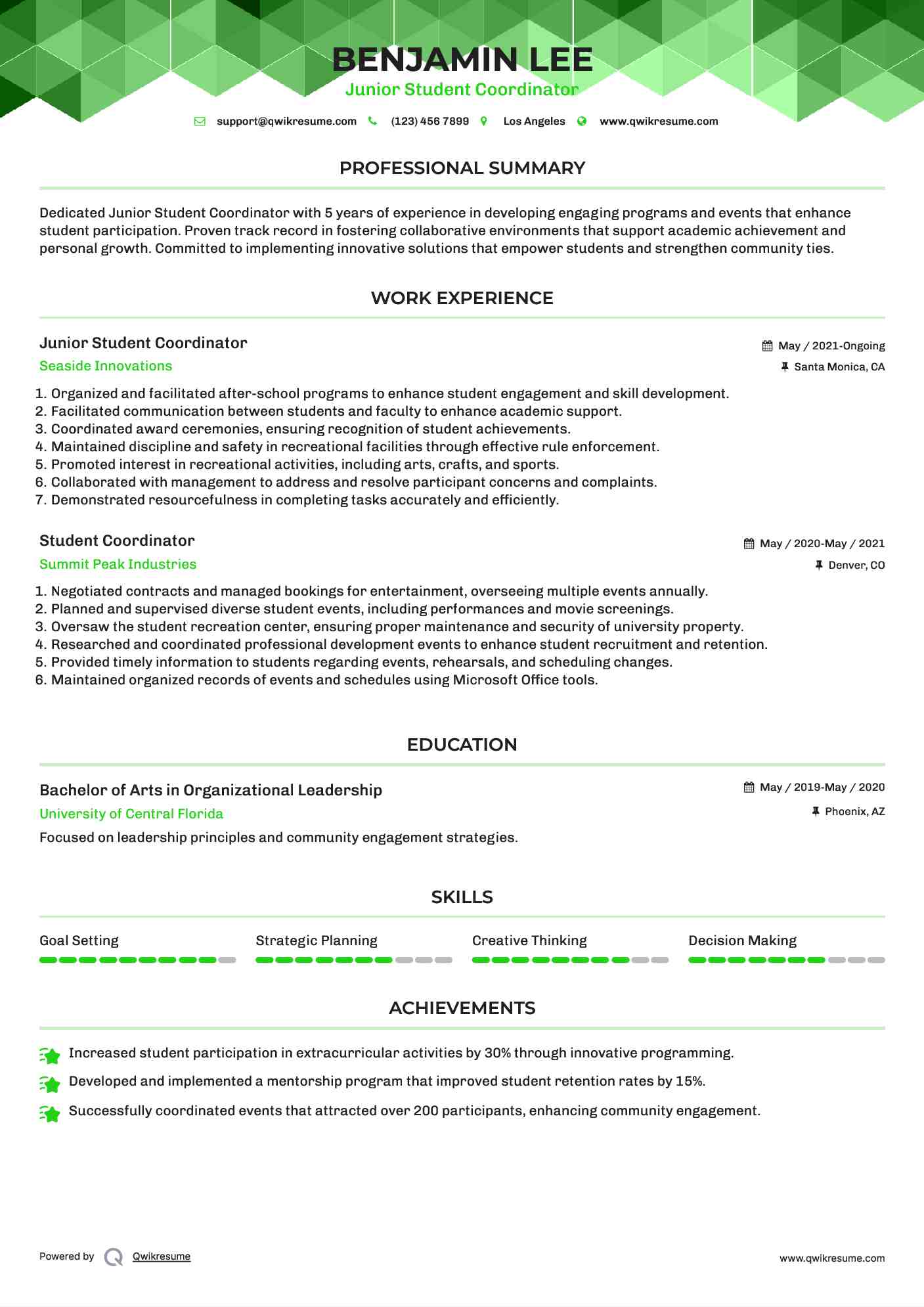 Junior Student Coordinator Resume Sample