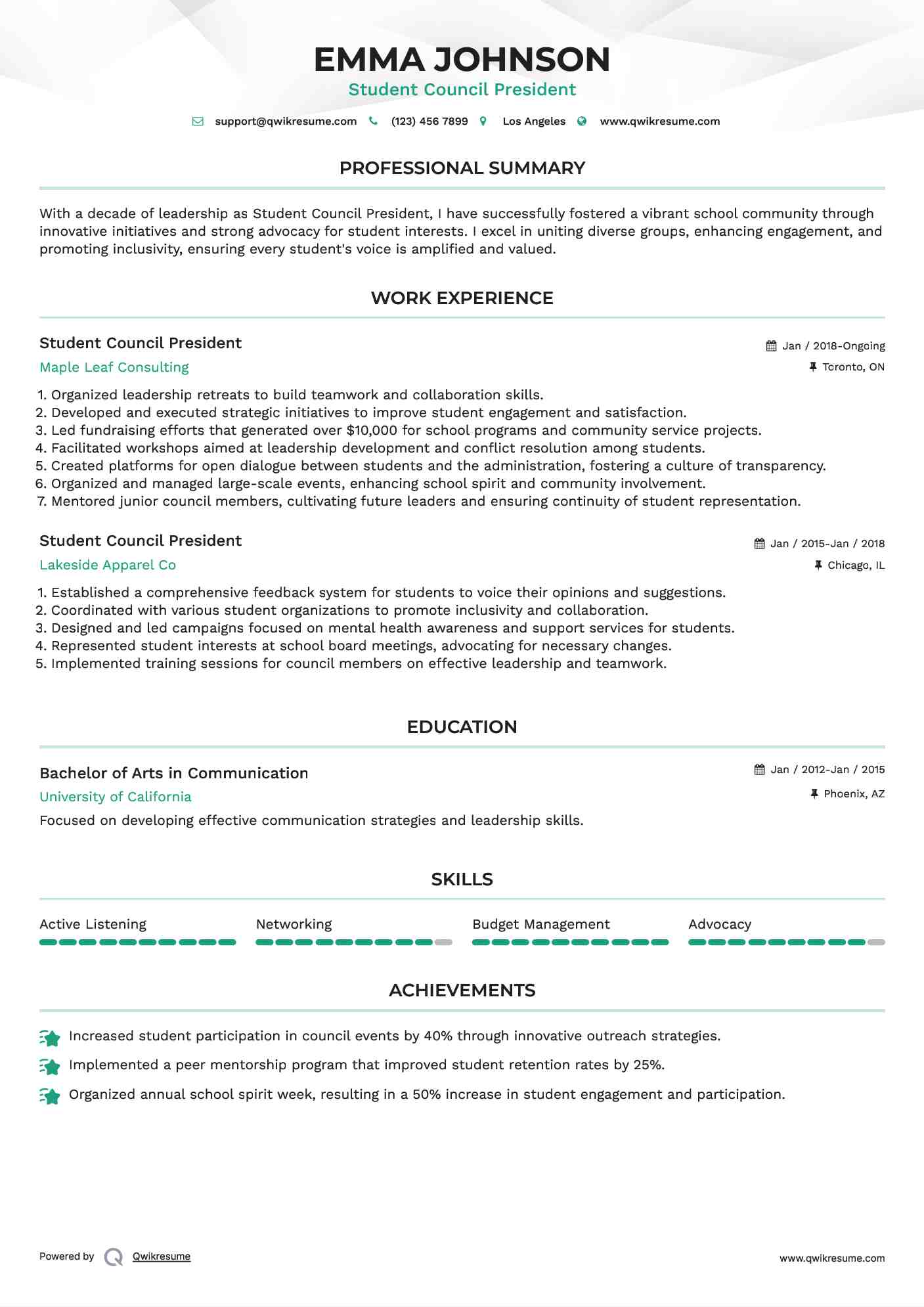 Student Council President Resume Example