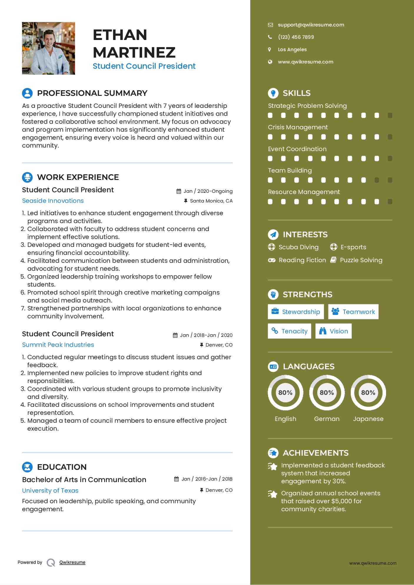 Student Council President Resume Example