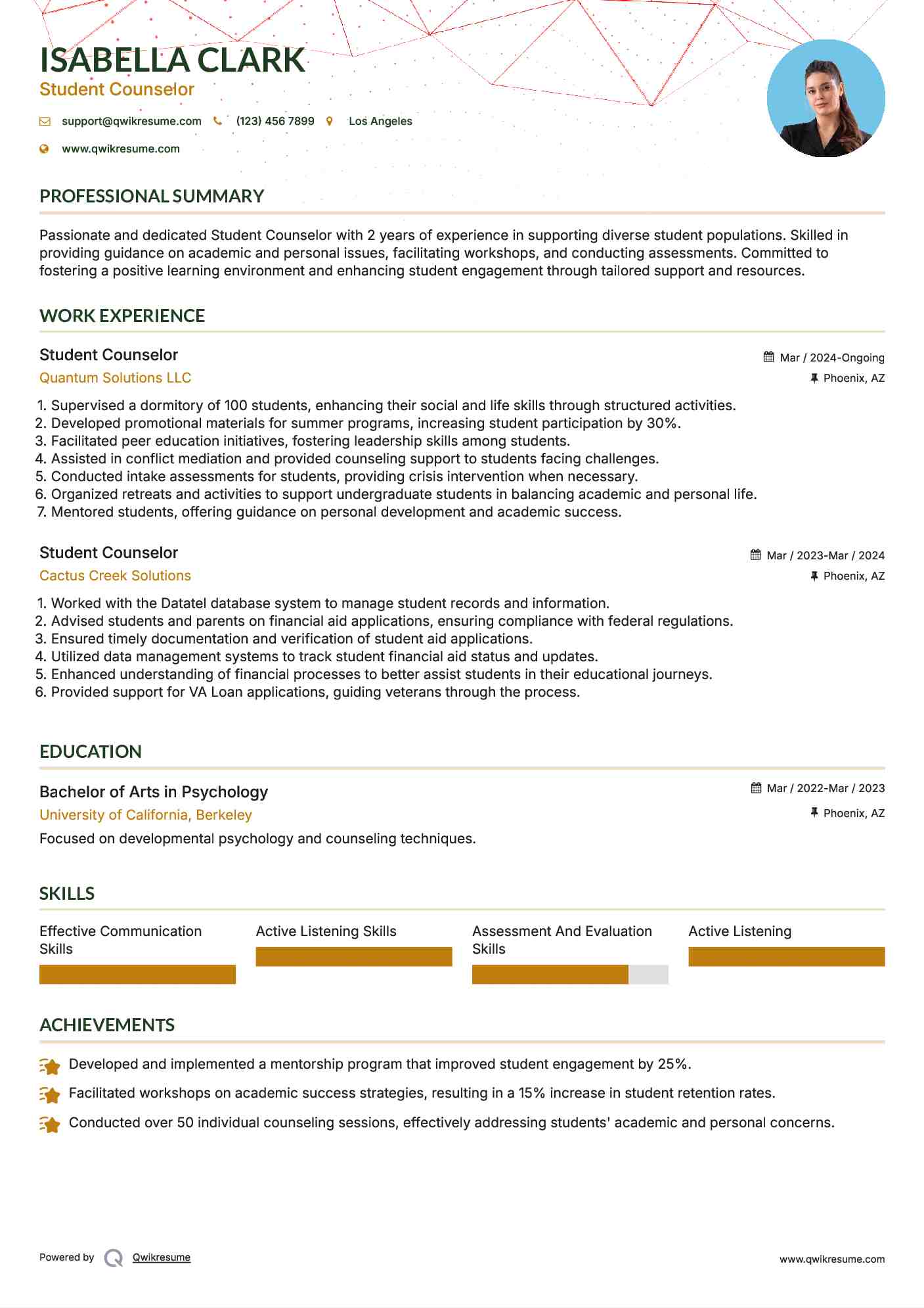 Student Counselor Resume Sample