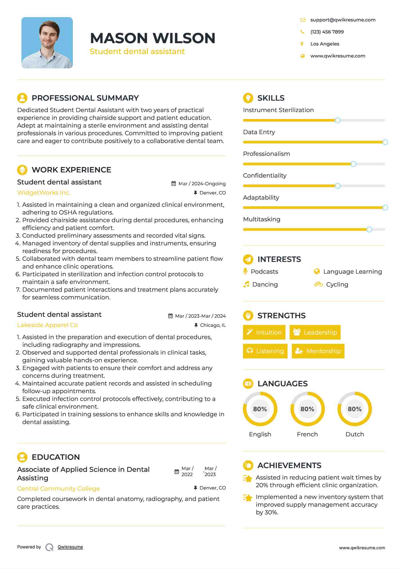 Student dental assistant Resume Sample