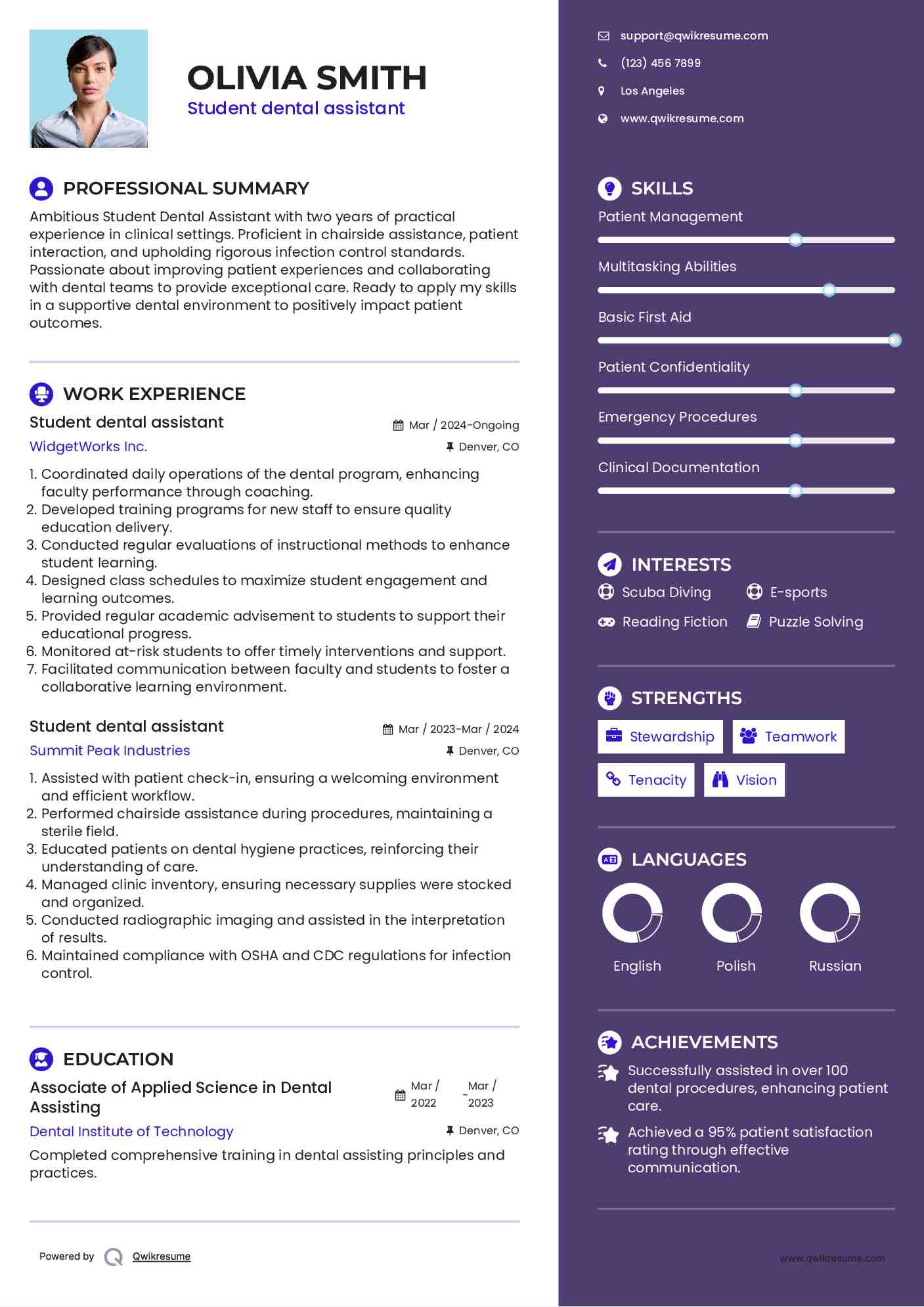 Student dental assistant Resume Example