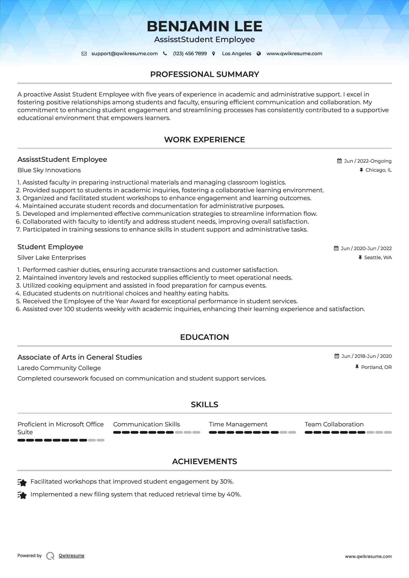 AssisstStudent Employee Resume Template