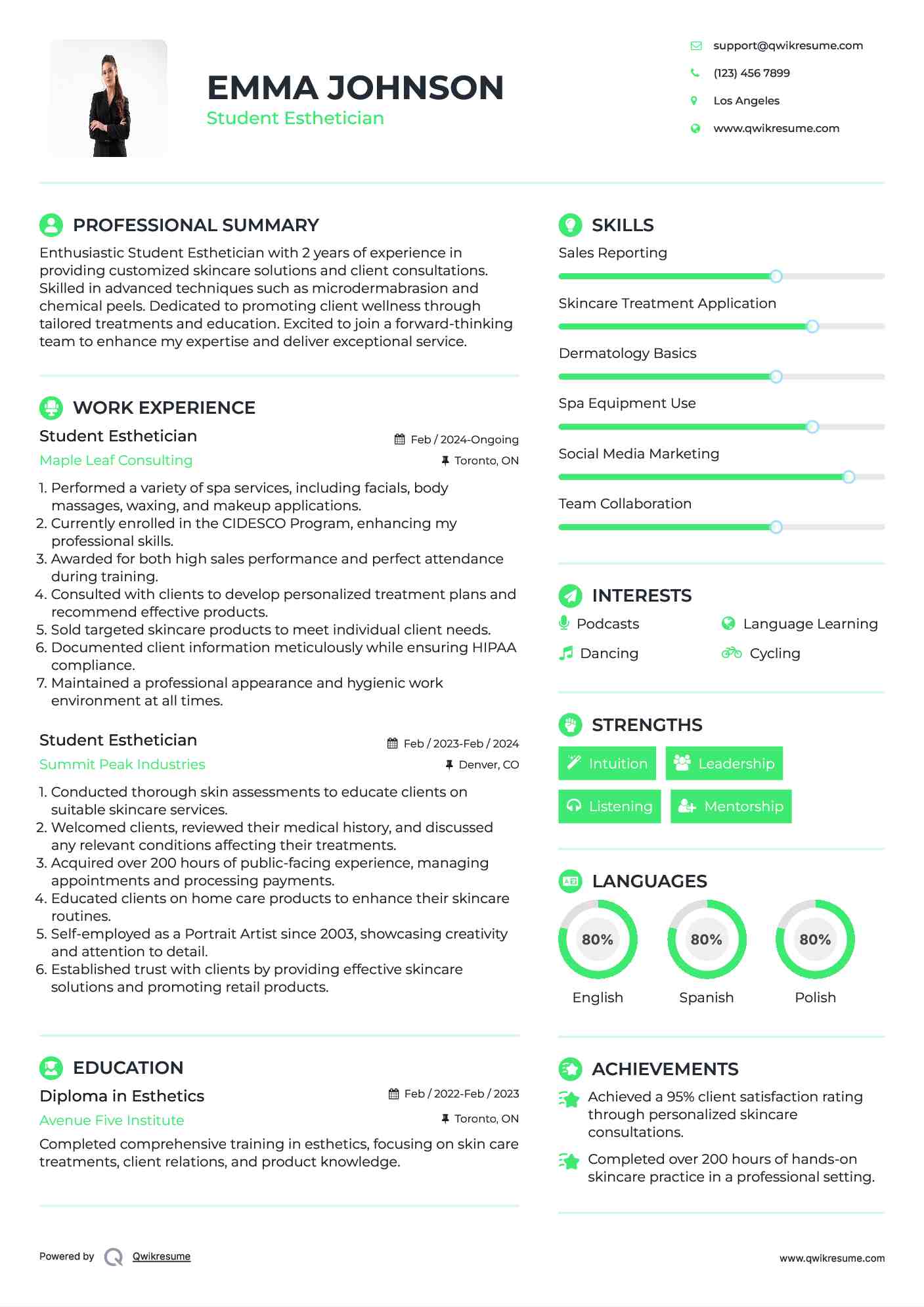 Student Esthetician Resume Model