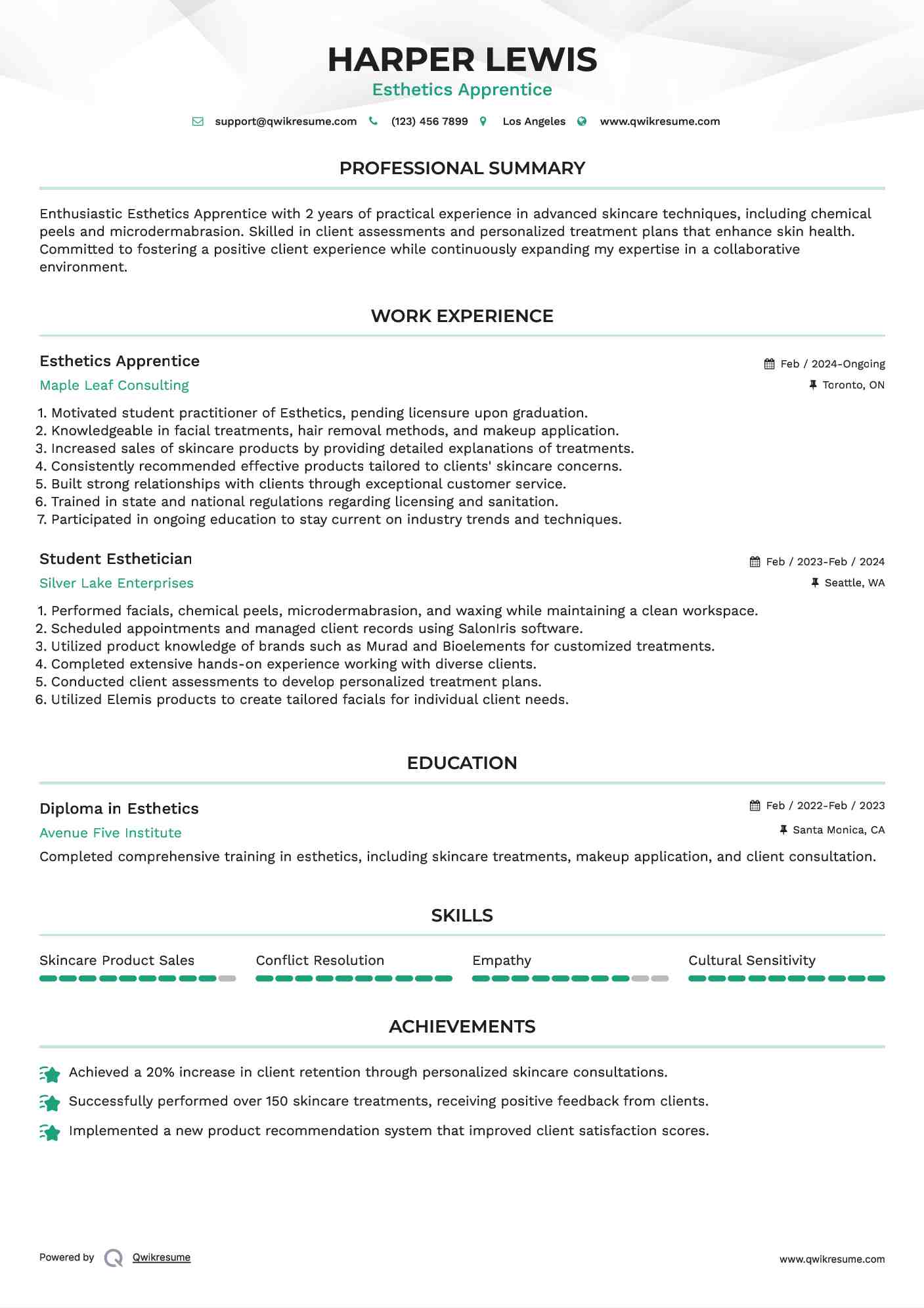 Esthetics Apprentice Resume Format