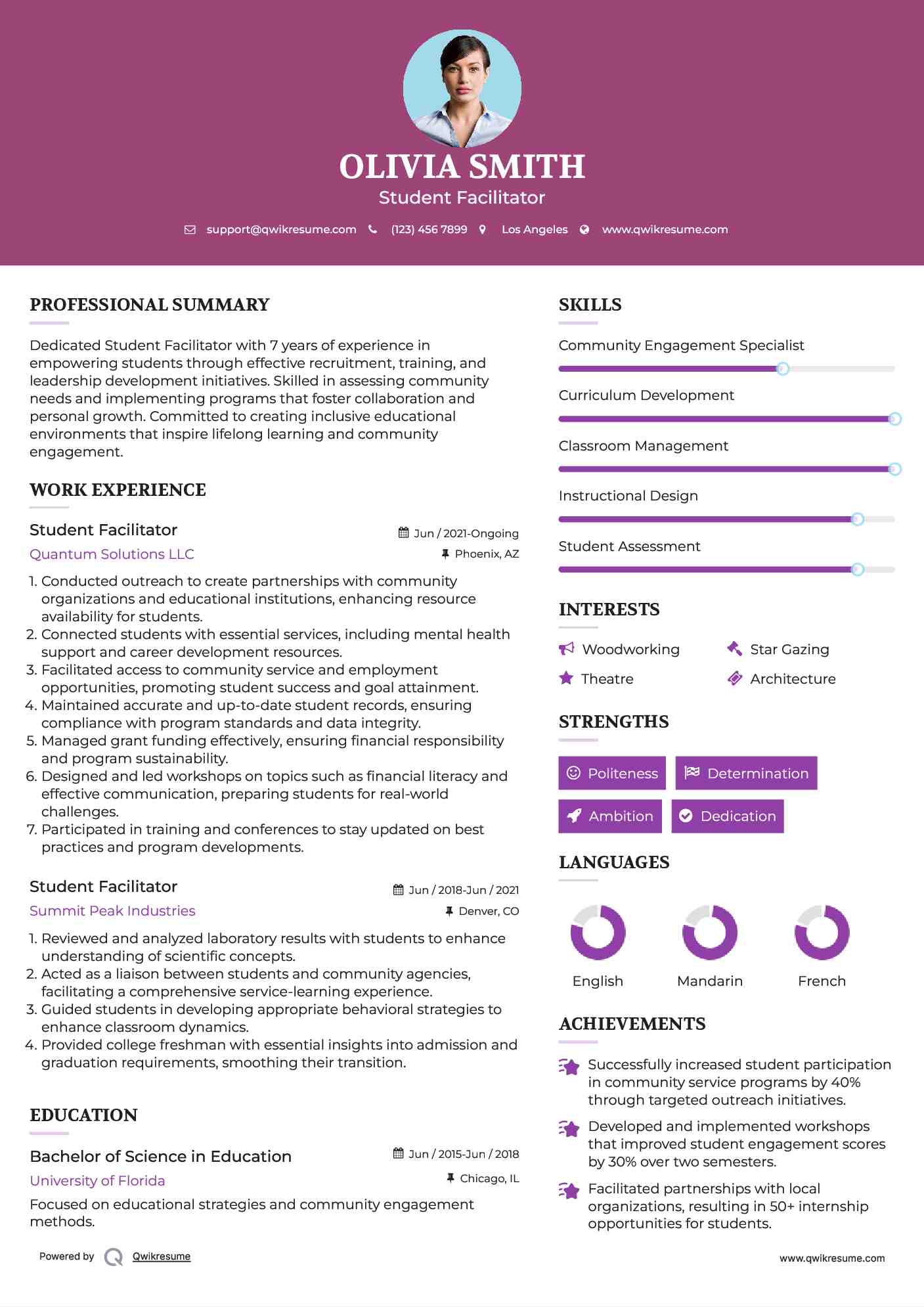 Student Facilitator Resume Template